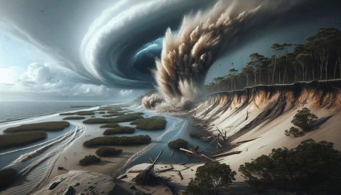 A hurricane's storm surge eroding coastline, damaging marshes and mangroves under a stormy sky.