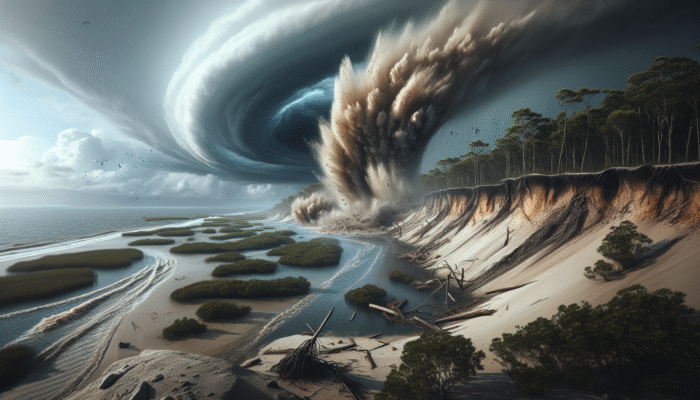 A hurricane's storm surge eroding coastline, damaging marshes and mangroves under a stormy sky.