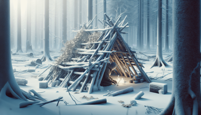 A person building a shelter in a snowy forest using natural materials, demonstrating survival skills.