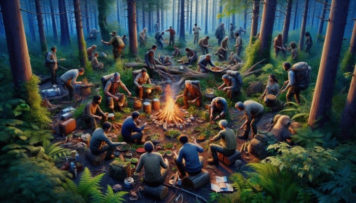 Survivors in a forest, foraging, hunting, and preparing a communal meal over a campfire, demonstrating resilience and teamwork.