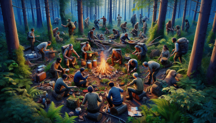 Survivors in a forest, foraging, hunting, and preparing a communal meal over a campfire, demonstrating resilience and teamwork.