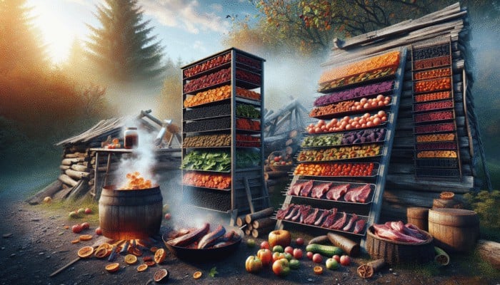 Fruits, vegetables, and meats preserved through drying and smoking, showcasing vibrant colors and rich flavors.