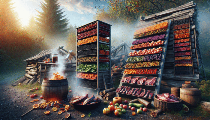 Fruits, vegetables, and meats preserved through drying and smoking, showcasing vibrant colors and rich flavors.