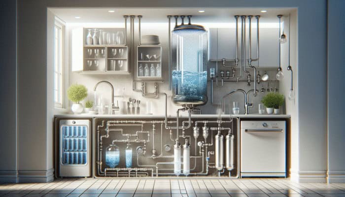 Water Filter Upgrades: Modern kitchen with under-sink advanced water filtration system using activated carbon filters, purifying water into a clear glass, removing chlorine and contaminants.