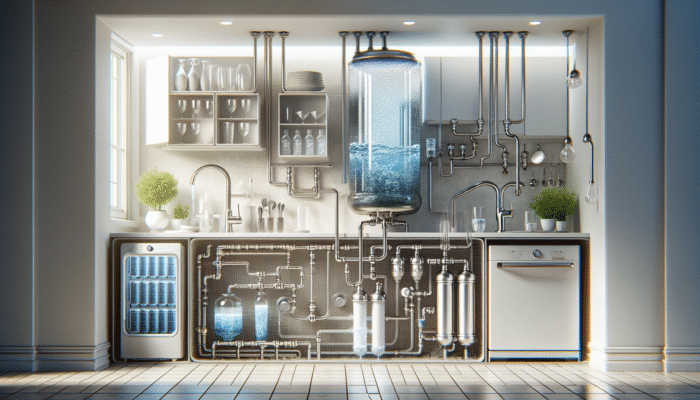 Modern kitchen with under-sink advanced water filtration system using activated carbon filters, purifying water into a clear glass, removing chlorine and contaminants.