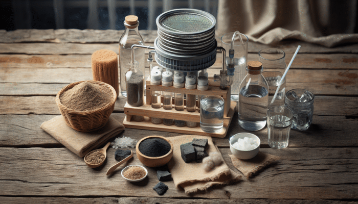 A homemade water purifier setup with sand, charcoal, cotton cloth, and chemical agents on a rustic table.