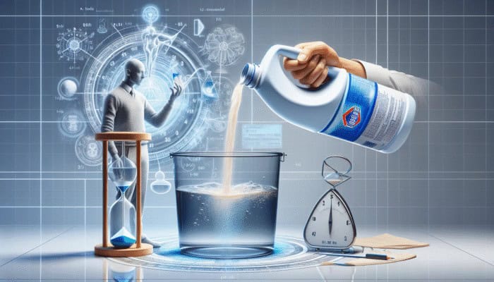 Person adding bleach to water, timer set for 30 minutes, for chemical purification.