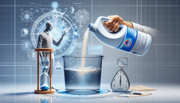 Person adding bleach to water, timer set for 30 minutes, for chemical purification.