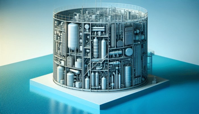 Cross-section of modern water storage tank showing stainless steel, concrete, and PVC materials with blue water.