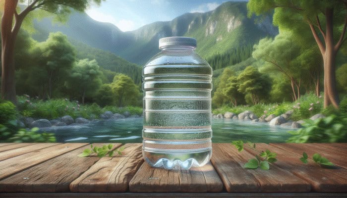 Clear BPA-free plastic water container on rustic table, filled with sparkling water, amidst lush greenery.