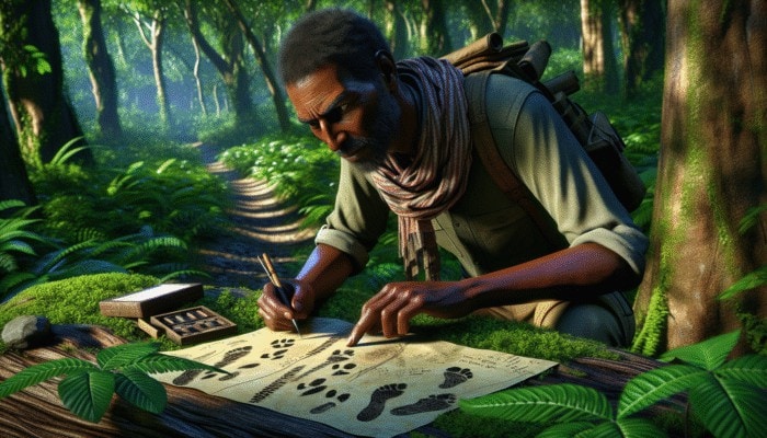 A skilled tracker examining footprints and signs in a dense forest.