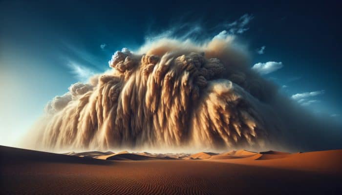 Surviving a Dust Storm: A massive dust storm with towering walls of sand and dust obscuring the sky in a desert landscape.