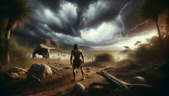 A primitive human in a tense stance amidst a prehistoric landscape with predators and stormy skies, illustrating survival fear.