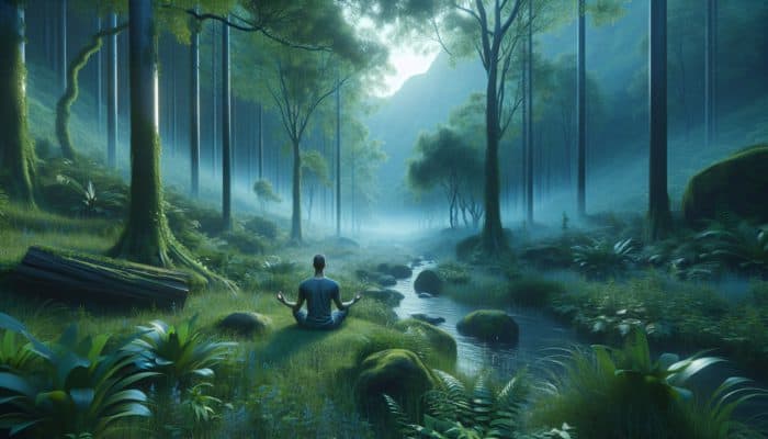 A serene person meditating in a tranquil forest, surrounded by calming colors, embodying mindfulness and resilience.