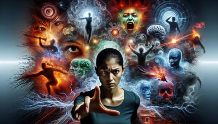 A person navigating a threatening scenario with confidence, surrounded by glowing mental images of success.