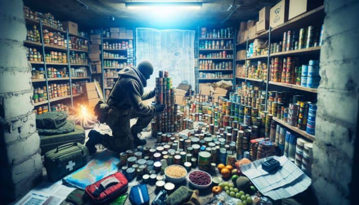 A survivalist organizes non-perishable food rations in an underground bunker with emergency supplies.