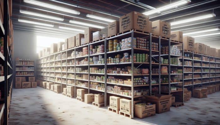 Emergency food rations organized by expiration dates in a clean, well-lit storage area, showing a rotation system.