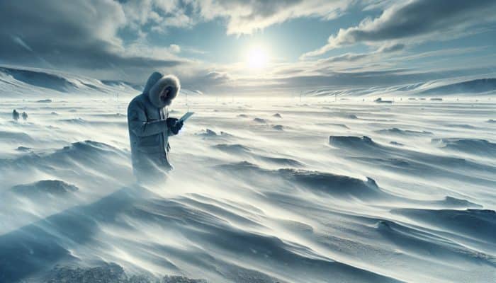Survival in Tundra: Scientist in parka analyzing data on tablet in Arctic tundra with harsh winds and snow.