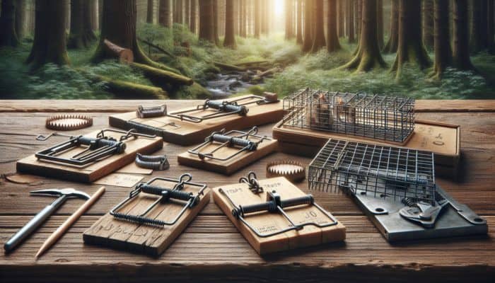 Trapping Small Animals: A variety of animal traps on a rustic table: snap traps and humane cage traps, in a forest setting.
