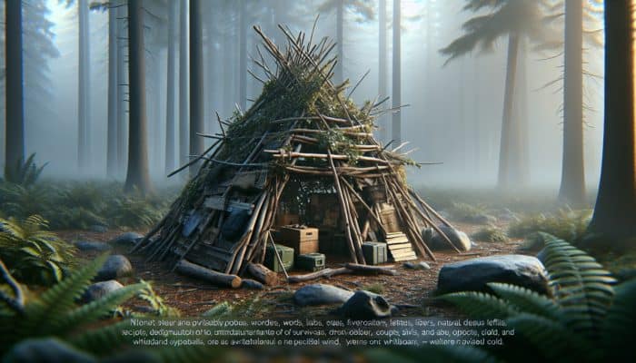Building a Debris Hut: A debris hut in a wilderness survival scene, crafted from branches, leaves, and natural debris for protection against harsh weather.