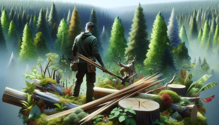 DIY Survival Weapons: A person in a lush forest examining hardwood trees for crafting spear shafts and knife handles, with soft woods and edible plants nearby.