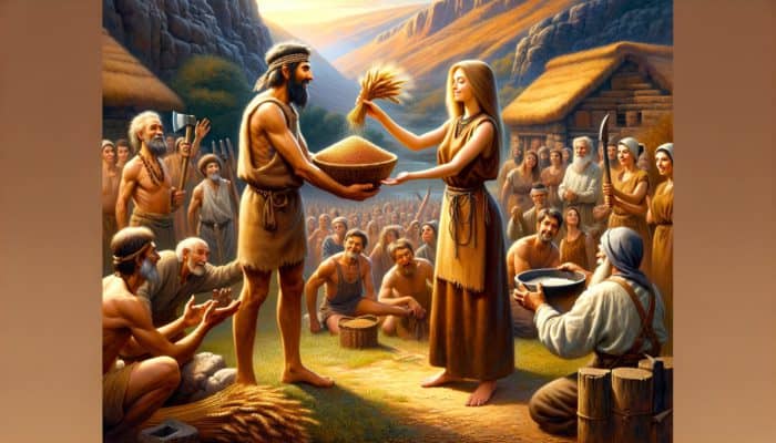 Economic Barter Goods: Farmer trading grain for blacksmith's tool, illustrating early bartering and social bonds.