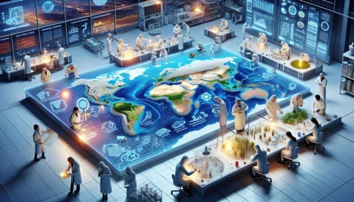 Scientists in a lab adjusting climate-specific insulation on a world map for arctic, desert, and tropical regions.