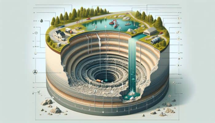 Cross-section of sinkhole formation showing bedrock erosion by rainwater, worsened by human activities.