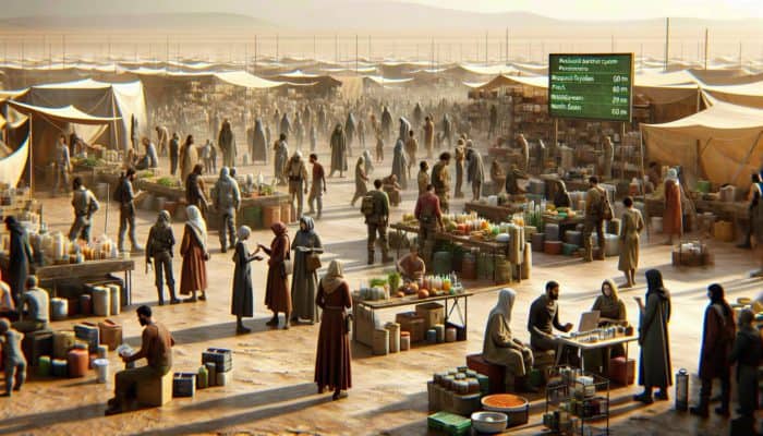 Post-apocalypse Trade: A post-apocalyptic marketplace with people bartering food, tools, and medical supplies in a barren landscape.
