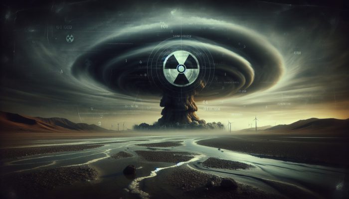 Nuclear Fallout Shelters: A desolate landscape with dark, swirling sky, showing radioactive fallout and contaminated soil and water from a nuclear explosion.