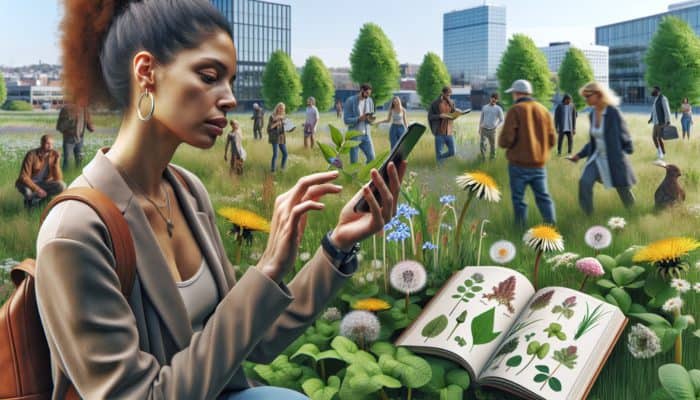 Finding Food in the Wild: Person using mobile app to identify edible plants like dandelions and wild garlic in an urban park, with field guide and foraging group nearby.