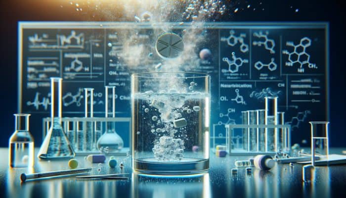 A water purification tablet dissolving in contaminated water, releasing chlorine and iodine to neutralize pathogens.