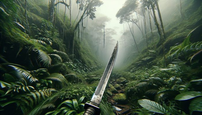 A survival machete clearing a path through dense jungle undergrowth in a remote wilderness.