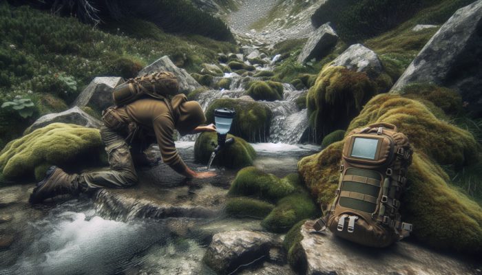 Top Prepper Supplies: Person using LifeStraw to drink from murky stream in wilderness, with backpack nearby.