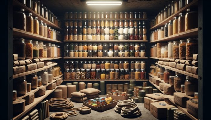 A well-organized pantry in a bunker with labeled jars, cans, and vacuum-sealed bags of food, survival gear visible.
