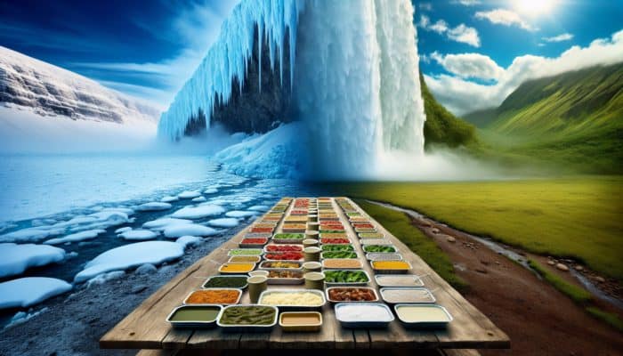 MREs on an outdoor table, with Arctic tundra and Amazon basin in the background, illustrating their use in extreme environments.