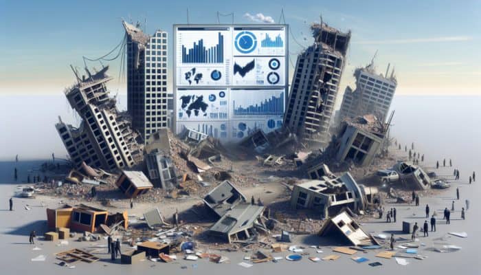 Staying Calm in Crises: Alt text: Scene of natural disaster aftermath with destroyed buildings and financial crisis effects, showing widespread upheaval.