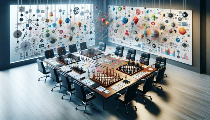 A detailed crisis management plan on a table, showing risk assessments, communication strategies, and team roles in a meeting room.
