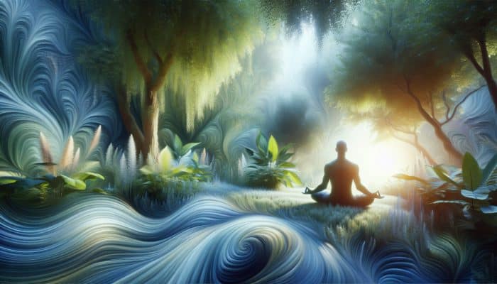 A person meditating in a tranquil garden, surrounded by greenery and soft sunlight, symbolizing mindfulness and calm.