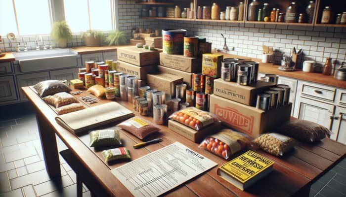 A prepper's table with organized non-perishable foods, checklist, and survival guidebook.