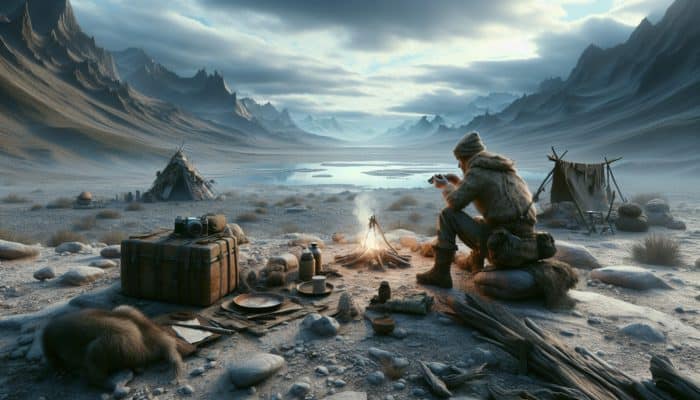 Wilderness Survival Stories: A person in a remote wilderness, focusing on locating water, surrounded by survival essentials: food, shelter, warmth.