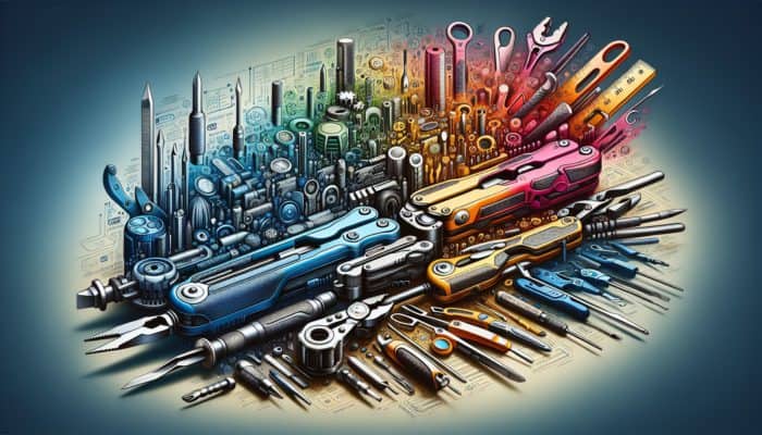 A colorful chart comparing features of leading multi-tool brands and models on a modern background.