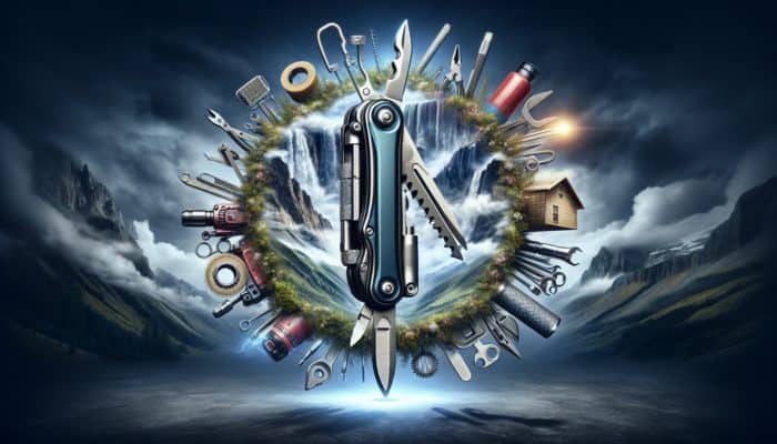 A multi-tool on a digital screen with glowing user reviews highlighting its durability in various scenarios.