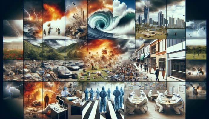 Collage showing earthquakes, hurricanes, economic collapse, pandemics, and civil unrest as SHTF scenarios.