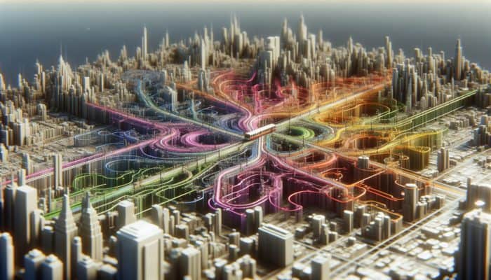 A vibrant, color-coded transit map overlaid on a cityscape, illustrating urban navigation.