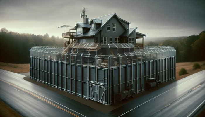 Prepper Home Security: A high steel fence and secure gates around a prepper home, enhancing security in a suburban setting.