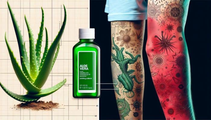 Burn Treatment Guide: Close-up of arm with mild sunburn, redness, and slight swelling; aloe vera gel bottle nearby.