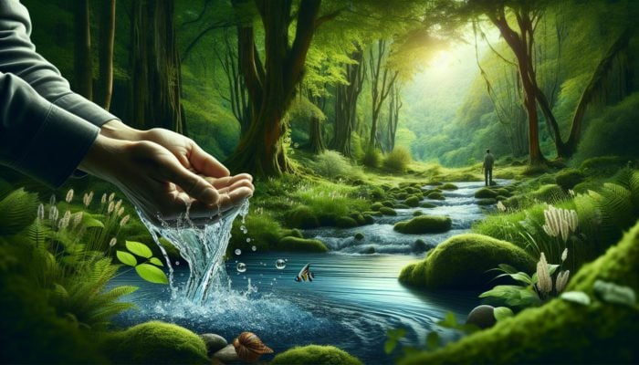 A person soothing a minor burn on their hand with cool stream water in a lush outdoor setting.