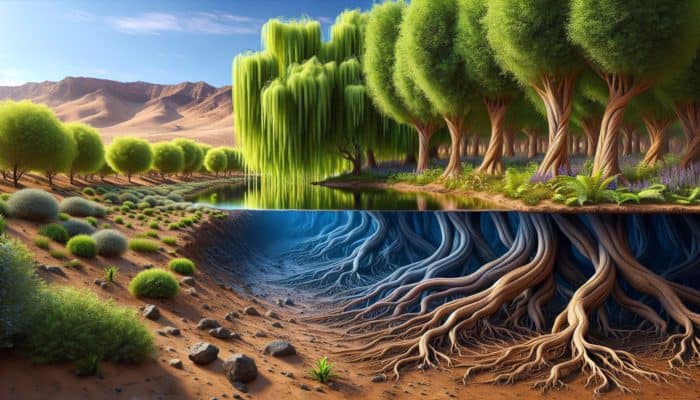 Finding Water in Nature: Lush willows, alders, ferns near water, deep roots in aquifer, arid desert with acacias.