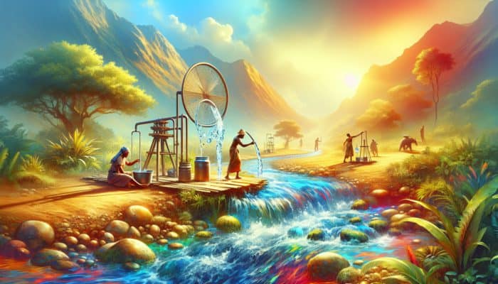 Wilderness Water Sources: A dynamic stream in a diverse landscape, supporting wildlife and humans, with filtration and boiling for safe water.